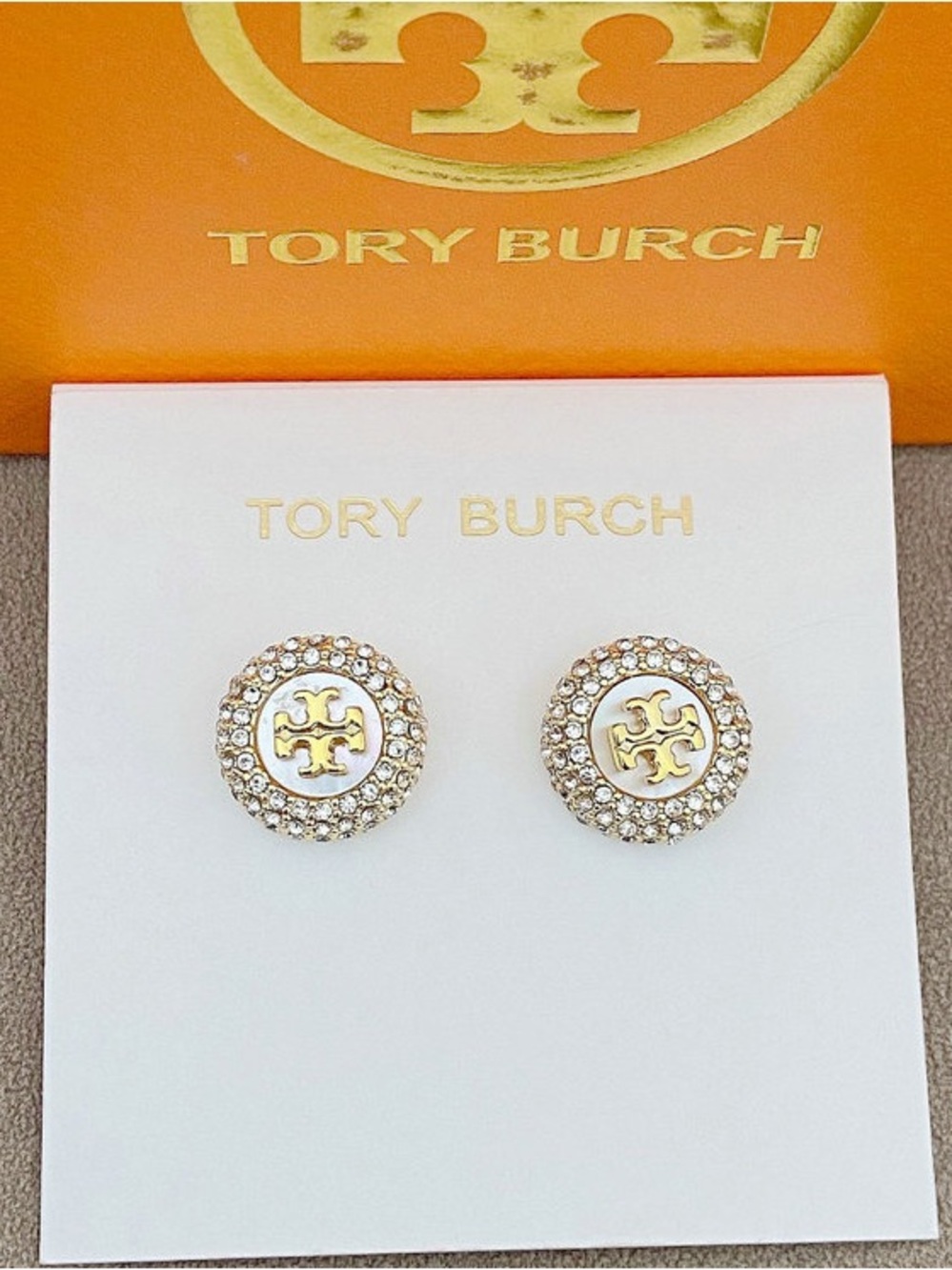 Tory Burch Gold and White Crystal Halo Logo Stud Earrings